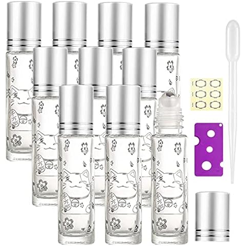 Juego de 10 botellas enrollables de aceites esenciales Alledomain de vidrio transparente con patrón de gato de la suerte y rodillos de acero inoxidable y tapa dorada Cover