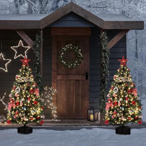 GarveeHome 4.5 Ft Artificial Christmas Tree, Pre-Lit Christmas Tree with 300 Warm White Led Lights, Holiday Xmas Tree with Vintage Potted Base, Festival Decoration for Home, Entrances