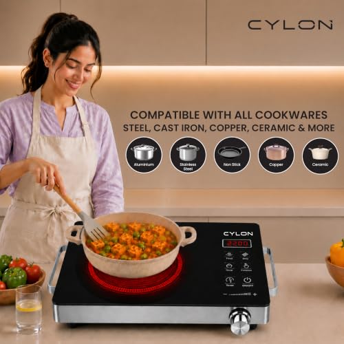 Image of CYLON InfraMate 2200W Infrared Cooktop Stove with Grill Rack, Crystal Glass Top, Digital Display, Touch Control, Compatible with All Cookware, Infrared Hot Plate, Black