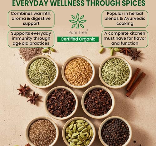 Image of Pure Tree Certified Organic Ajwain 60g, Fenugreek 100g, Black Pepper 65g, Clove & Fennel 50g, Cardamom 50g | Glass Jar | Spice Mix | Kali Mirch, Saunf, Methi Dana, Carom, Clove, Elaichi Combo Pack