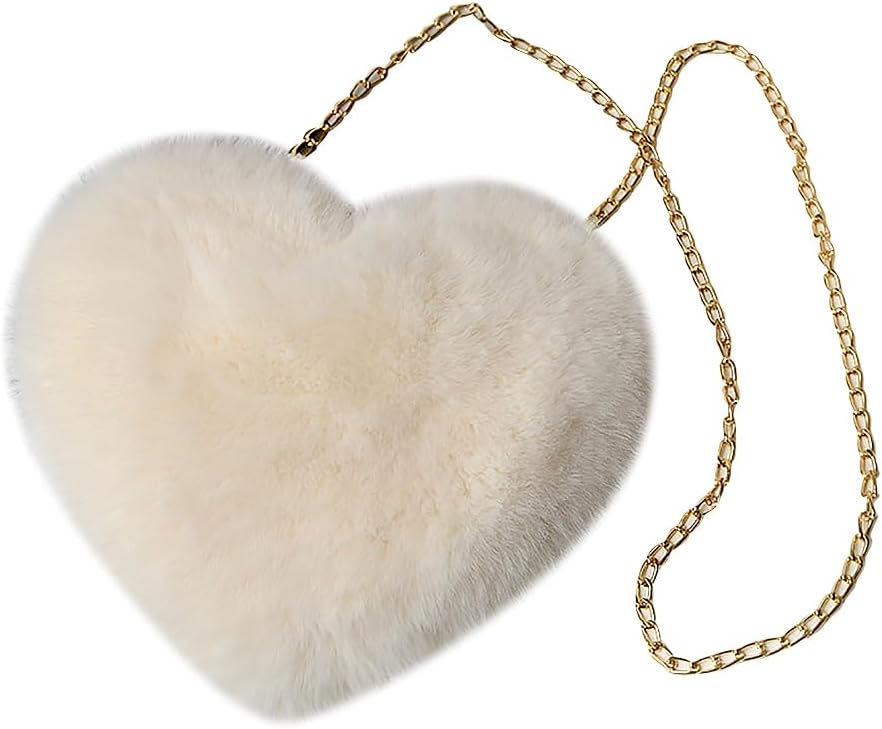 Heart Shaped Faux Fur Purse Fluffy Shoulder Bag Cute Crossbody Purses Soft Fuzzy Handbag for Valentine's Day Black
