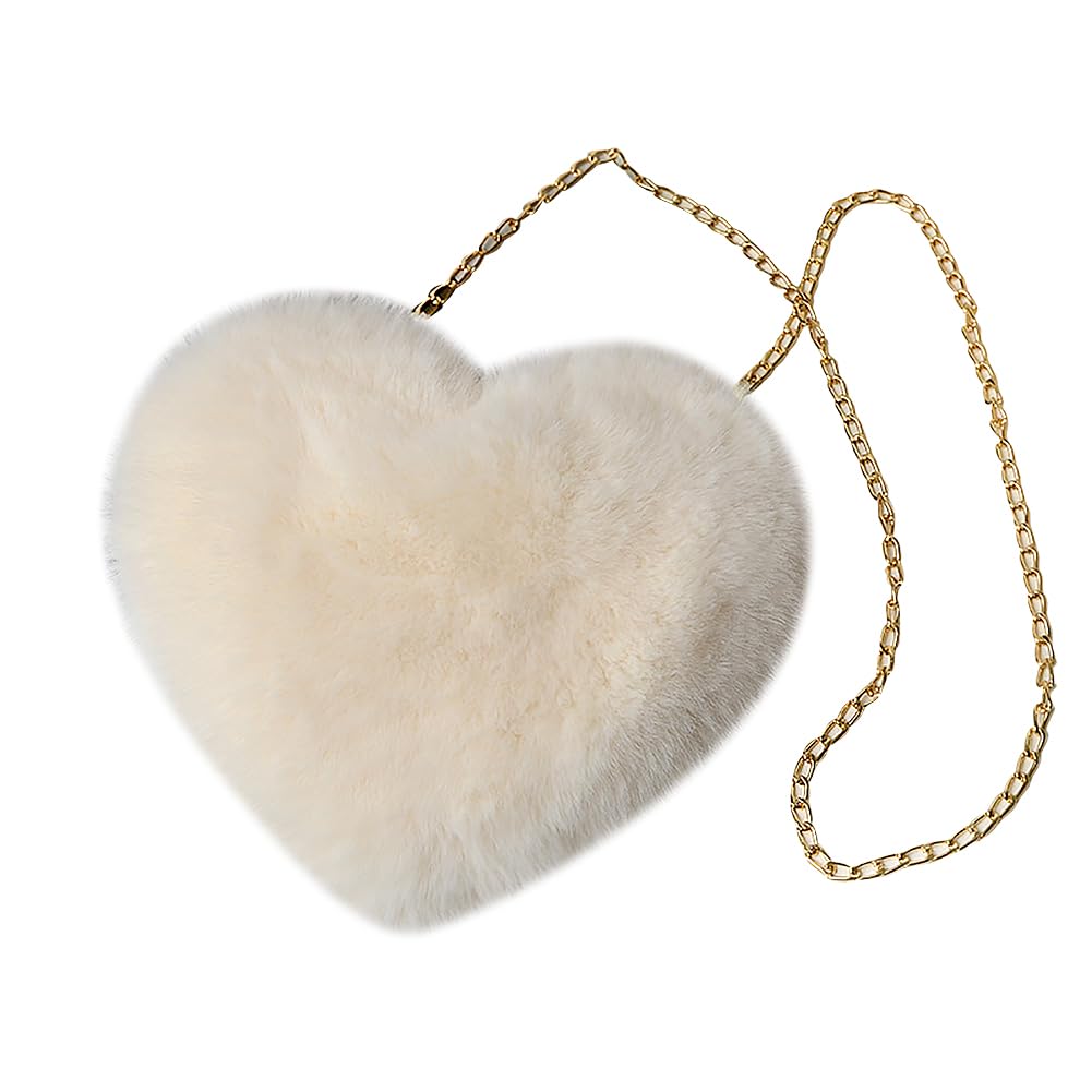 Hugede Women's Beige Heart Shaped Faux Fur Purse Fluffy Shoulder Bag Cute Crossbody Purses Soft Fuzzy Handbag Plush Handle Purse For Valentine's Day Girls