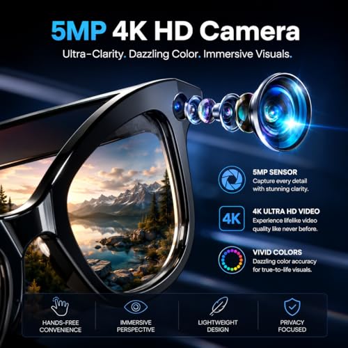 Image of Futopia AIVIS-M AI Smart Glasses with 5MP Camera & ChatGPT - IP67 Waterproof Smart Eyewear for Men & Women - 1080p Video Recording, Real-Time Translation, Open-Ear Audio & Bluetooth 5.3 - Matte Black