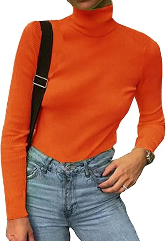 Roselux Women Long Sleeve Knit Ribbed Turtleneck Layer Tops Neon Green Elastic Shirt Pullovers Slim Fit Sweater