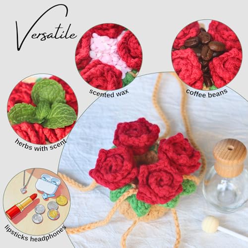 Image of ROFIGL Handmade Crochet Hanging Car Air Freshener - Romantic Red Rose Design, 12ml Refillable Thick Glass Bottle, Car Diffuser for Rearview Mirror, Home & Office Romantic Decor