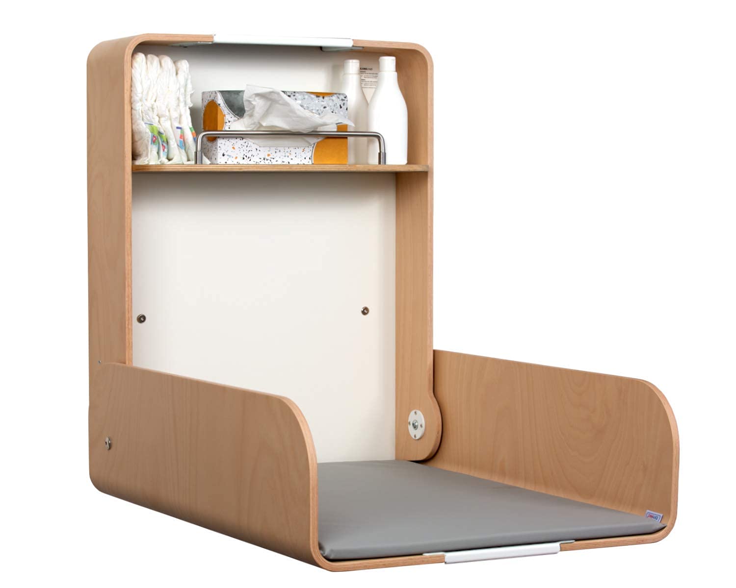 Table à langer KAWAmidi - En hêtre - Timkid - Certifié TÜV - Pliable et peu encombrant - Avec matelas à langer gris - Idéal pour le domaine public et privé - Fabriqué en Allemagne