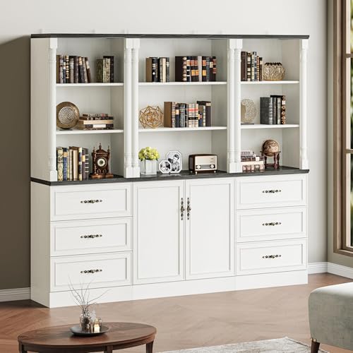 Image of 71'' Tall Bookshelf with Doors, Bookcase Storage Cabinet with 5-Tier & Adjustable Shelves, Wooden Deep Book Shelf for Living Room, Office, Antique White