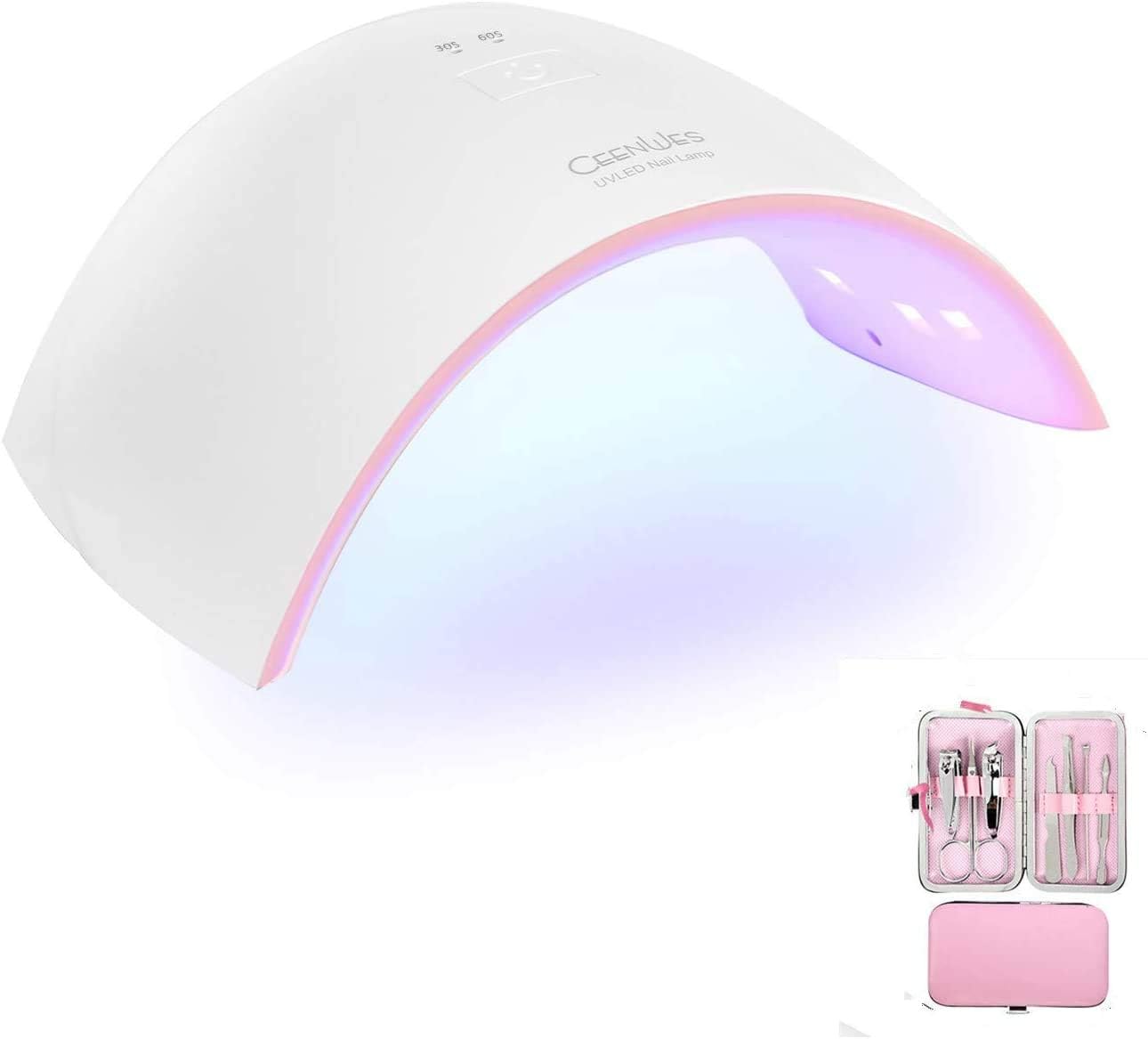 Ceenwes Nail Dryer 24W UV Light Nail Lamp with 7 PCS Nail Tools Set 30S/60S Timer Setting Professional LED Nail Lamp Portable Nail Polish Dryer with Automatic Sensor Curing All Gels for Foot&Finger