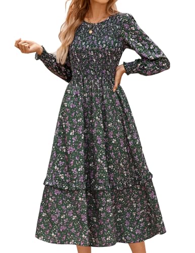 Long Sleeve Midi Dress for Women, Smocked Vintage Modest Dresses, Fall Floral Boho Wedding Guest Dress, Green L