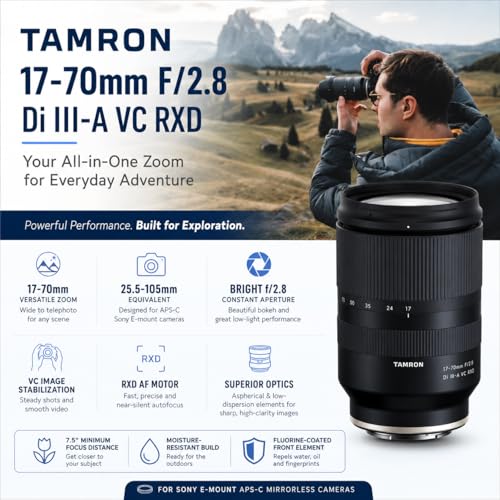 Image of Tamron 17-70mm f /2.8 Di III-A VC RXD Lens for Sony E APS-C 25.5-105mm Equivalent Bundle w /UV CPL ND Filter Kit, Lens case, Cleaning Kit, Software Kit, Cap Tether, Tamron 6 Year Limited Warranty