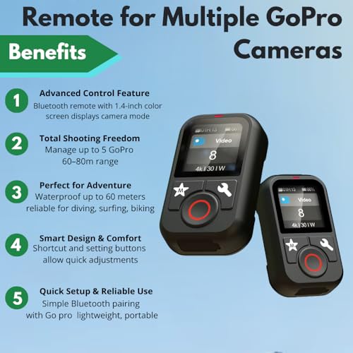 Image of Yantralay Bluetooth Remote Controller for Go pro Hero 13 /12 /11 /10 /9 /8 /Max | 1.4 inch Color Display, Waterproof 60m Smart Control | Sync Up to 5 Cameras with Wrist Strap