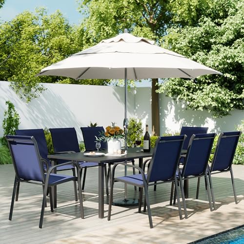 Image of HAPPATIO Outdoor Patio Dining Set, 8 Quick Dry Textilene Dining Chairs and Dining Table with Umbrella Hole, Stackable Textilene Chairs for Garden, Patio and Poolside Backyard, Blue