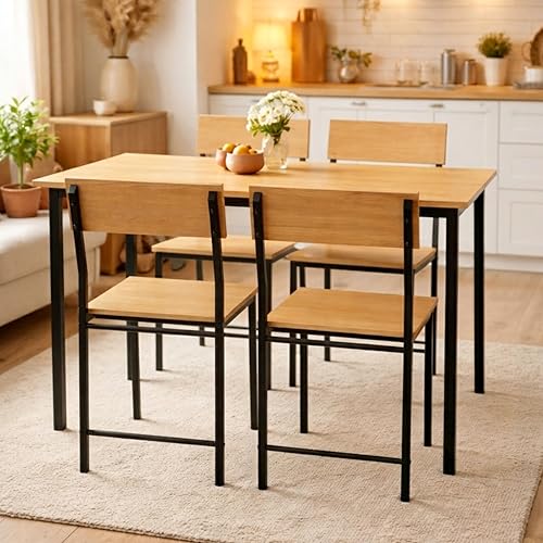 Image of Dining Table Set of 4, 4 Seater Dining Table with Chairs, Engineered Wood Top & Metal Frame, Space Saving Compact Rectangular Dining Table Set for Home, Kitchen, Office (Gold Oak- DIY)