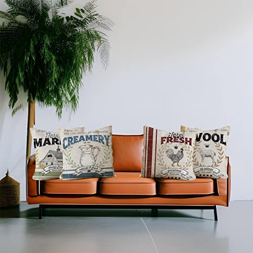 Vintage Farmhouse Animal Pillow Covers 18X18 Set Of 4 Retro Farmer's Market Truck Rooster Sheep Feed Seed Premium Poultry Farm Home Décor Throw Pillow Case Cushion Cover For Sofa (18" X 18") #TOP1