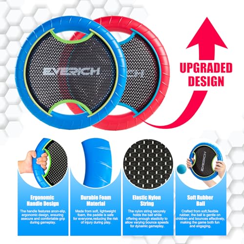 EVERICH TOY Trampoline Paddle Ball Set with 2 Bouncy Paddles & 4 Balls - Soft Foam Design for Kids Play Indoor Outdoor Beach Backyard Lawn - Great Gift Idea for Boys & Girls (Blue & Red) - Thumbnail 3