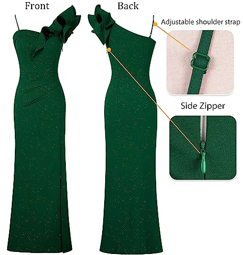 Image of VFSHOW Womens Ruffle One Shoulder Strap Ruched Formal Prom Wedding Maxi Dress V Neck Elegant Split Cocktail Evening Long Gown