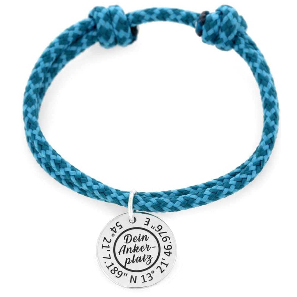 Segelseil Armband mit Silberanhänger Gravur maritim Surfer blau Herrenarmband Koordinaten Schmuck Männerarmband Größenverstellbar Segelseilarmband personalisierbar Text 925 Silber Geschenk Freund Sohn