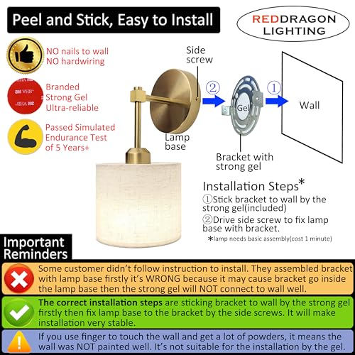 Image of Peel and Stick on Fabric Gold Wall Sconces Battery Operated Set of 2 with Remote, Cordless Battery Wall Lights with Fabric Shade for Bedroom Living Room Bathroom (2 Pack, Gold)