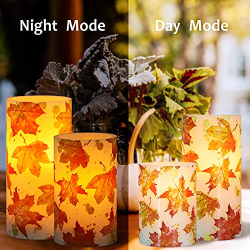 Image of Flameless Candles Remote Fall Leaves Decal Flickering Real Wax Battery Operated Candles for Home Party Wedding Botanical Christmas Fall Decorations - Set of 3