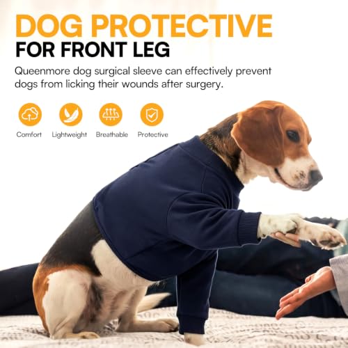 Image of Queenmore Dog Leg Sleeve to Stop Licking, Alternative to Cone of Shame, After Surgery Dog Elbow Protector with Magic Tapes, Recovery Suit for Dogs, Navy Blue, S