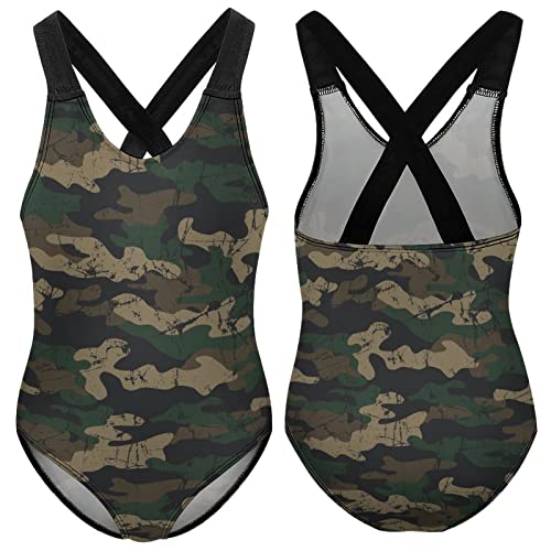 Retro Camouflage Girl's One Piece Swimsuit Quick Dry Bathing Suit Cross Back Straps Swimwear 12-14Y（170cm）3