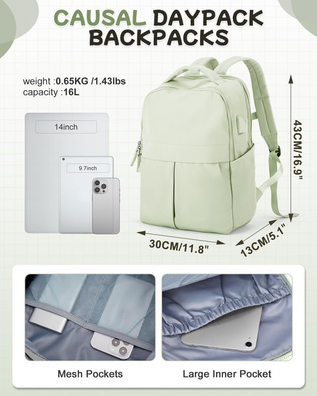 Small Laptop Backpack for Women - 14 Inch Laptop Compartment, Lightweight Waterproof Travel Backpack for College, Work, Green - Image 3