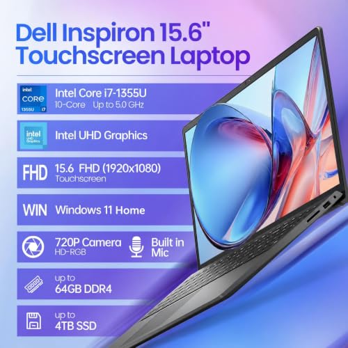 Image of Dell DC15250 15.6 inch Touchscreen Laptop, Intel i7-1355U, 32GB DDR5, 1TB SSD