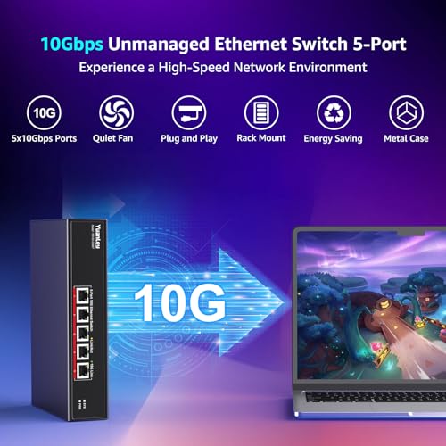 Image of YuanLey 5 Port 10G Ethernet Switch, 5 x 10Gbps RJ45 Ports, Support 10G /5G /2.5G /1G /100Mbps Speed Auto-Negotiation, 100Gbps Switching Capacity, Unmanaged Switch Rackmountable, Plug and Play