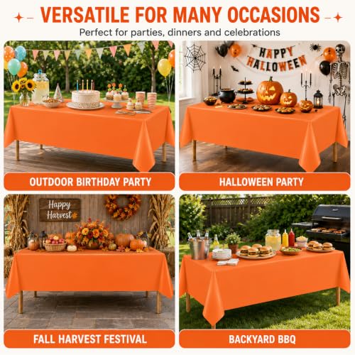 Image of WNINK 2 Pack Orange Plastic Tablecloths, 54 x 108 Inch Disposable Covers | Ideal for Halloween, Thanksgiving, Birthdays and Fall Parties, Helping Protect Tabletops from Spills and Simplify Cleanup