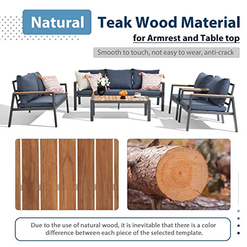 Joivi Aluminum Patio Furniture Set, 5 Pieces Outdoor Conversation Set With Teak Wood Top Coffee Table, Sectional Sofa Set With Wood Armrest And Cushions For Outside Poolside, Lawn, Backyard, Navy Blue #TOP2