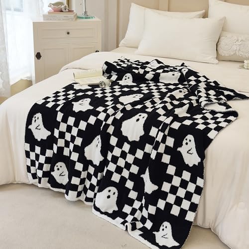 Image of Ultra Soft Cozy Checkered Ghost Halloween Knitted Throw Blanket Fluffy Microfiber Checkerboard Bed Blanket Lightweight Both Sides Throw Blanket for Couch Sofa Bed 50 inchX60 inchBlack