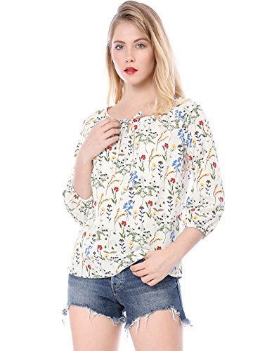 Allegra K Women's Bow Tie Neck 3/4 Raglan Sleeve Floral Blouse Tops Medium White #TOP22