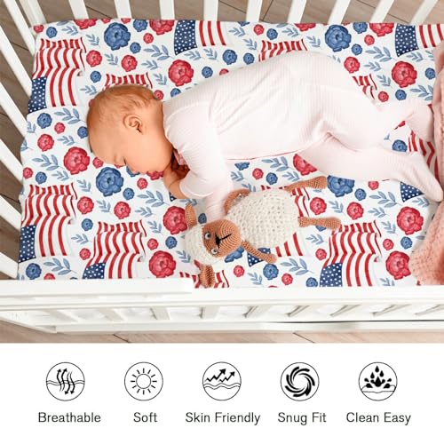 Image of American Flag Blue Red Floral Baby Crib Sheets for Boys Girls 52 inchx28 inch Patriotic 4th of July Independence Day Soft Breathable Toddler Nursery Bed Sheet for Standard Crib and Toddler Mattresses White