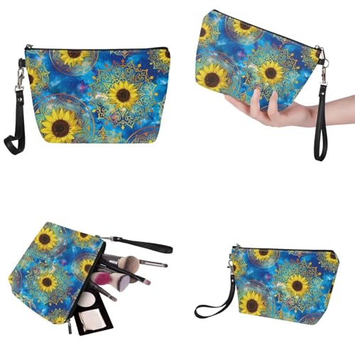 Image of Boho Sunflower Tote Bag with Wallet, Large Top Handle Purse Shoulder Satchel Handbag Purse, Light Hobo Bag with Cosmetic Case, Handbag and Wallet Set for Women, Gift for Mom, Blue
