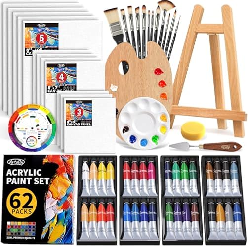 ARTALLY Acrylic Paint Set for Adults & Kids, 62 Pcs Canvas Painting Kits, 32 Colors Acrylic Paint (22ML),Table Easel,Brushes,Canvas, Art Painting Supplies Kit for Students,Artists,Beginners