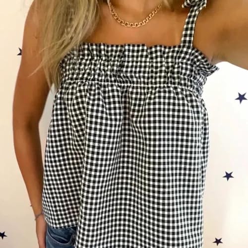 Women Y2k Gingham Tank Top Sleeveless Smocked Tank Tops Plaid Camisole Ruffle Hem Peplum Tops Summer Streetwear3