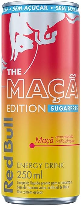 Lata de energético Red Bull The Maçã Edition Sem Açúcar 250ml com design degradê vermelho e amarelo