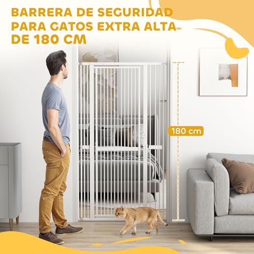 PawHut Sicherheitsgitter für Hunde und Katzen, extra hoch, 180 cm, ausziehbar, 76-104 cm, Abstand 3,5 cm, für Türen und Treppen, mit Druckmontage, 2 Verlängerungen, Weiß
