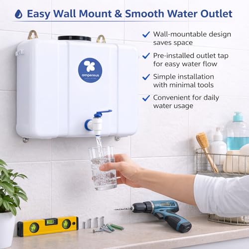 Image of AMPEREUS RO Waste Water Storage Tank for Home Filter | 18 Litre Water Storage Container with Tap | Wall-Mount HDPE Tank with Translucent Body | Easy Connection to All RO Purifiers, AC Units