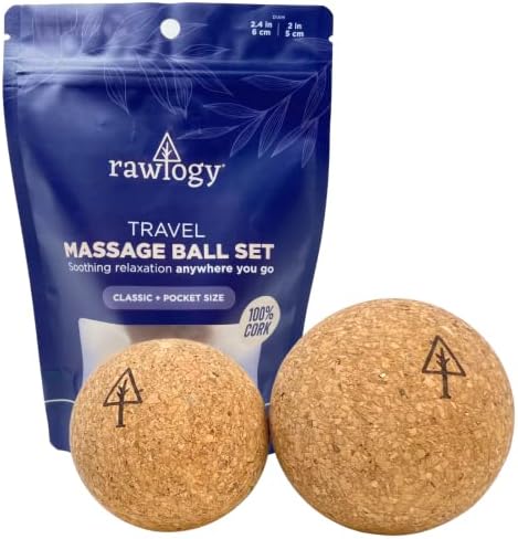 Rawlogy Travel Cork Massage Ball Set Classic Back and Mini Foot Massage Rollers | Lightweight Alternative to Lacrosse Ball | 2.4 Inch and 2 Inch Combo