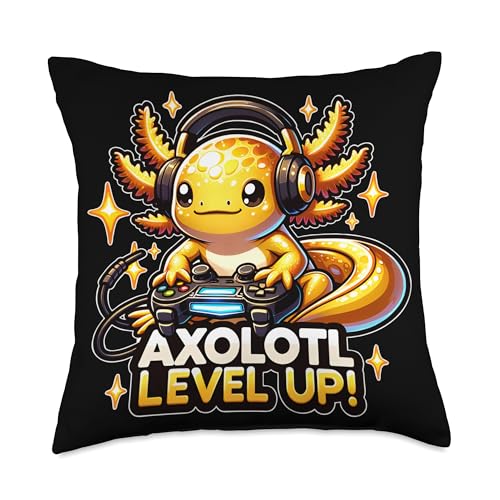 Funny axolotl birthday gifts by merch4life Chibi Gamer Axolotl Level Up Videogame Birthday boy Girl Throw Pillow, 18x18, Multicolor
