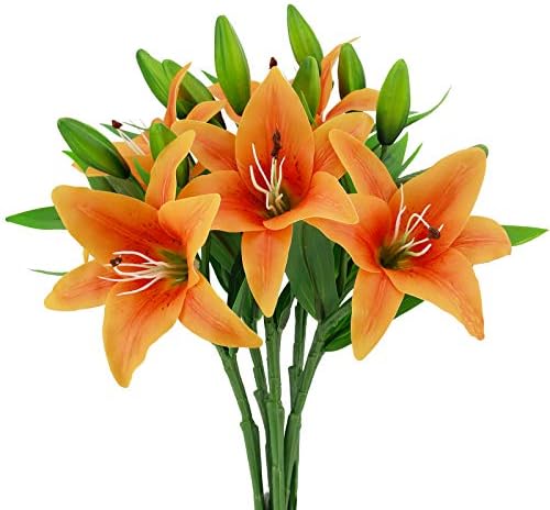 JEDAW Artificial Flowers Tiger Lily Real Touch Fake Flowers for Wedding Home Party Garden Shop Office Decoration Lilies 5 Bouquets Faux Flowers. (Orange)