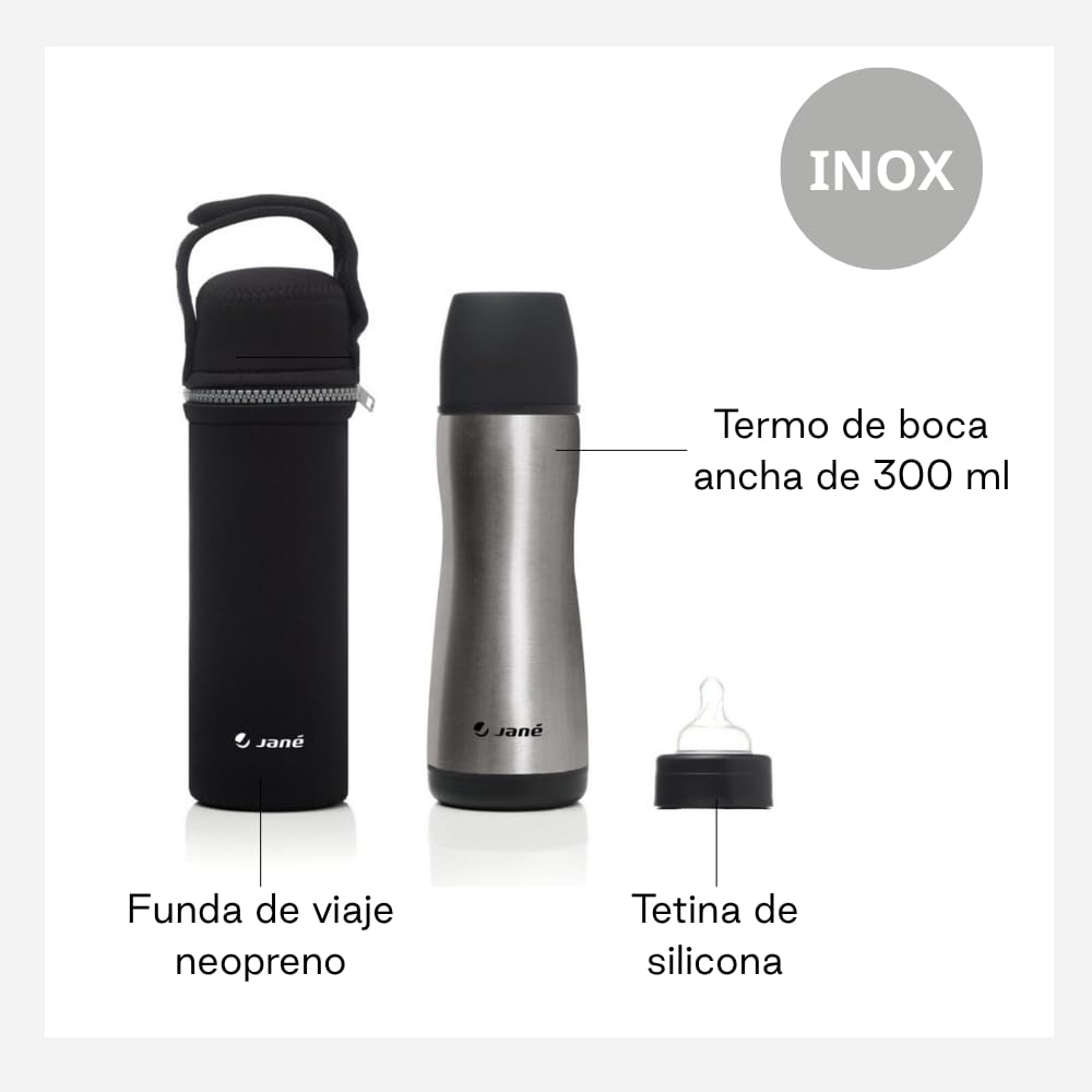 Jané Termo Líquidos, Acero Inoxidable, 300 ml, con Tetina de Silicona, Incluye Bolsa de Neopreno, Mantiene el Calor hasta 10 horas, Gris