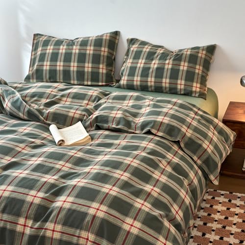 Image of EAVD Vintage Style Green Plaid Duvet Cover Full Soft 100% Washed Cotton Red Green Grid Checkered Bedding Set with 2 Pillowcases Retro Farmhouse Geometric Grid Duvet Cover with Zipper Closure