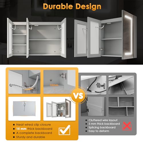 ELEGANT Bathroom Mirror Cabinet with LED Lights, Wall Mounted Cabinets Fully Assembled, 900x600mm Triple Door Mirror Cabinet with 3 Colors Dimmable, Anti-fog and Shaver Socket, Grey - Cosy Home Interiors ELEGANT Bathroom Mirror Cabinet with LED Lights, Wall Mounted Cabinets Fully Assembled, 900x600mm Triple Door Mirror Cabinet with 3 Colors Dimmable, Anti-fog and Shaver Socket, Grey - Image 9