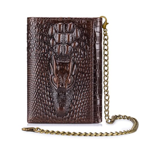 Steel Lion Genuine Cowhide Leather Men's Wallet - Crocodile-Embossed Design with Large ID Window, 15 Card Slots & Built-in Zippered Coin Pocket, Includes Anti-Theft Chain3