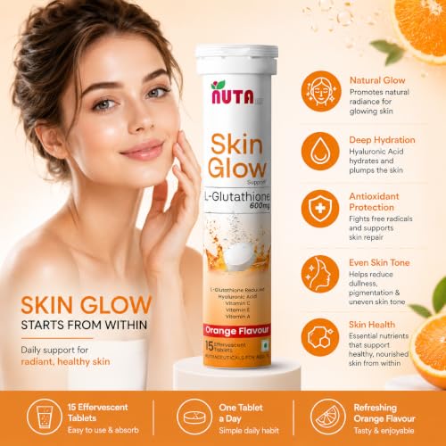 Image of GLUTATHIONE 600mg, HYALURONIC TABLET WITH VITAMIN-C&AE | Advanced L-Glutathione for Skin & Wellness inch. Skin Glow formula, Skin Lighting, Hydration, Anti-Aging, Detoxification, Pigmentation And Tan Removal | Orange Flavor For Men & Women | 45 tablets