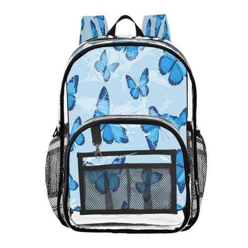 Blue Butterflies Clear Backpack - Stadium Approved Large 15.7-inch Waterproof Transparent Bag for Sports, Concerts, Work, Travel#349