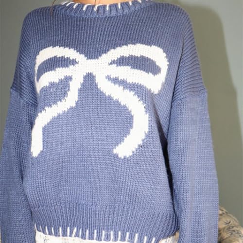 Image of Women Y2K Fall Sweater Cute Bow Print Long Sleeve Cable Knit Pullover Casual Oversized Jumpers for Women
