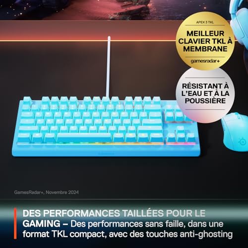 SteelSeries Apex 3 TKL Aqua Clavier Gaming RGB - Format Compact sans pavé numérique - Illumination RGB sur 8 Zones - Résistant à l’Eau et à la poussière - Switchs Gaming Silencieux -Format FR AZERTY